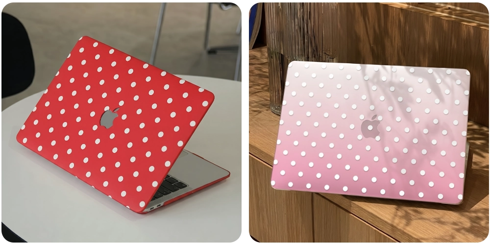 red and gradient pink polka dot macbook case
