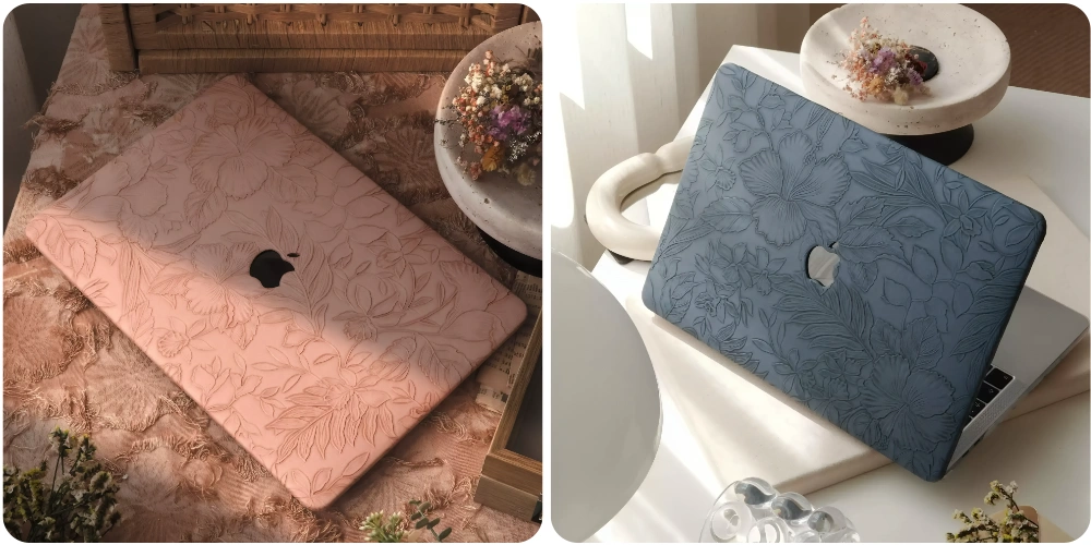 royal peach and royal blue embossed 3D floral macbook case