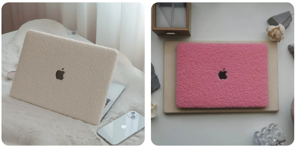 macbook milky white and pink fluffy sheep or teddy bear fur-like case
