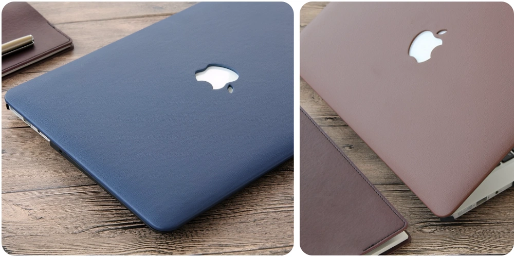 macbook blue and brown leather case